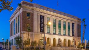 View from the ground of the front and side of The Mob Museum in the evening in Las Vegas, Nevada